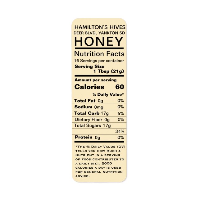 Yellow Honey Nutrition Facts Return Address Label (Vorne)