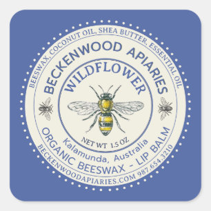 Yellow Honeybee LIP BALM Label Beekeeper Blue Quadratischer Aufkleber