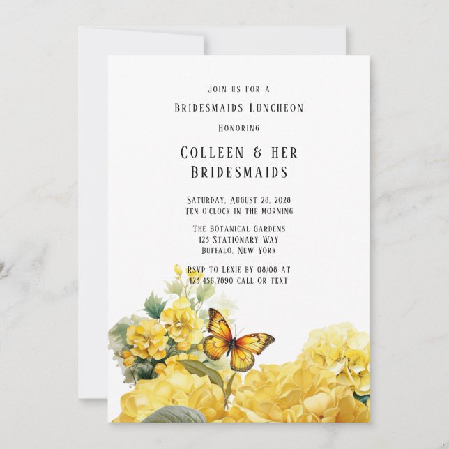 Yellow Hydrangea Butterfly Bridesmaids Luncheon Einladung (Vorderseite)