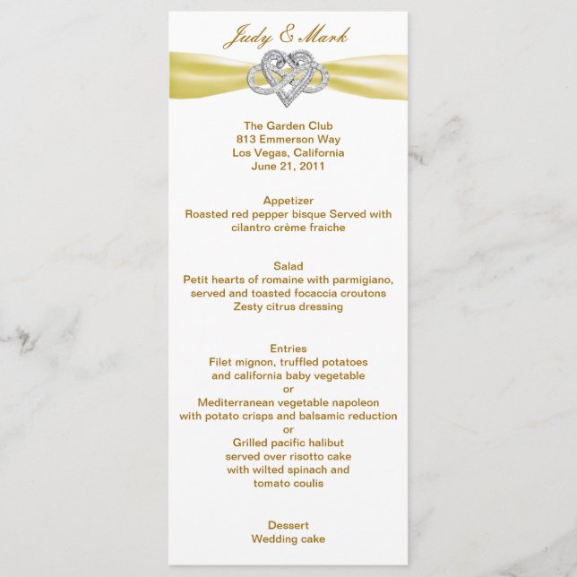 Yellow Infinity Heart Wedding Menu Card Menükarte (Vorderseite)