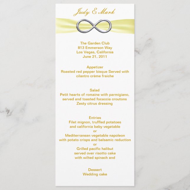Yellow Infinity Wedding Menu Card Menükarte (Vorderseite)