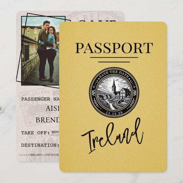 Yellow Ireland Passport Save the Date (Vorne/Hinten)