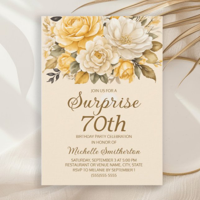 Yellow Ivory Cream Watercolor Floral Überraschung Einladung (Yellow and ivory/cream-colored watercolor floral surprise 70th birthday party invitation for her.)