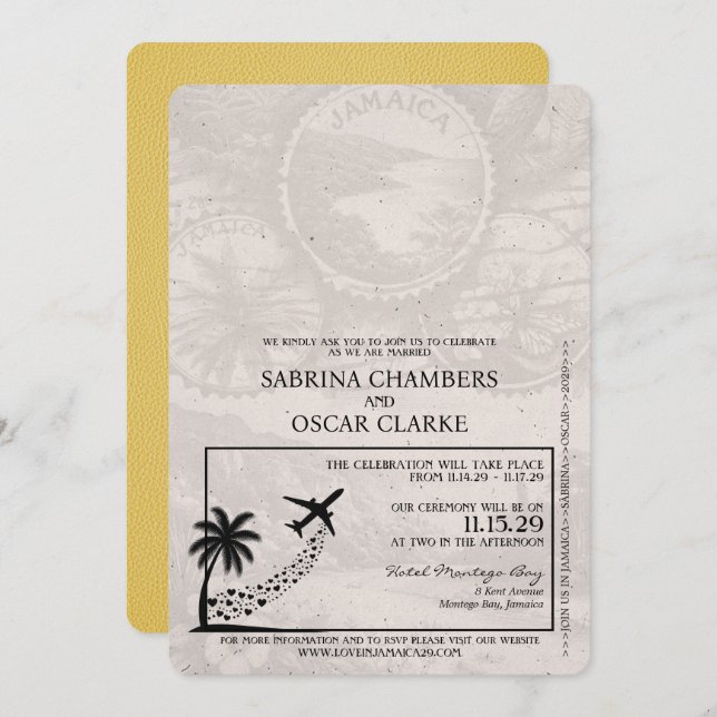 Yellow Jamaica Passport Hochzeitseinladung Einladung (Vorne/Hinten)