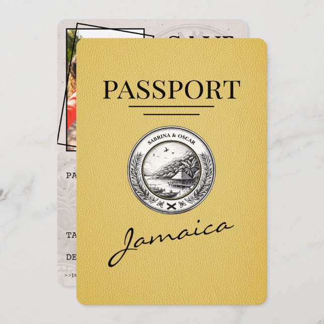 Yellow Jamaica Passport Save the Date (Vorne/Hinten)