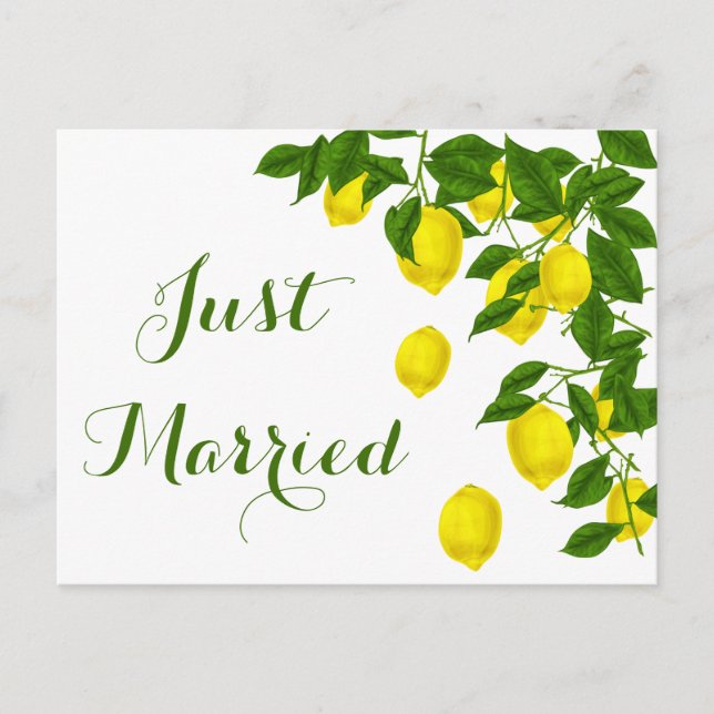 Yellow Just Married Lemon Green Wedrus Citrus Ankündigungspostkarte (Vorderseite)