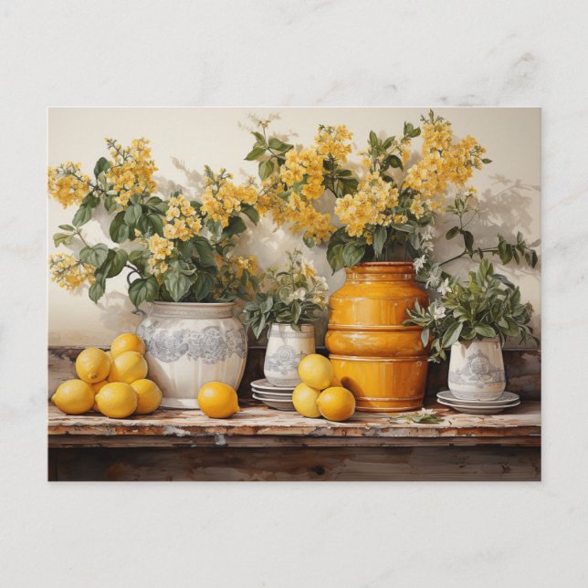 Yellow Kitchen Shelf Lemons Yellow Jar Blume Postkarte (Vorderseite)
