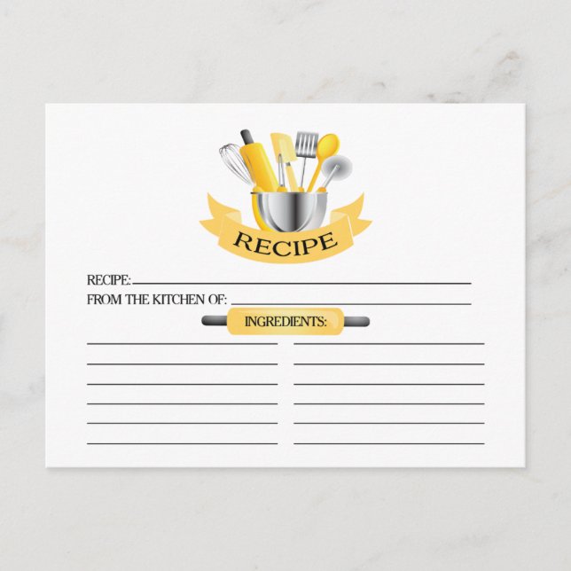 Yellow Kitchtools Brautparty Rezept Cards Postkarte (Vorderseite)