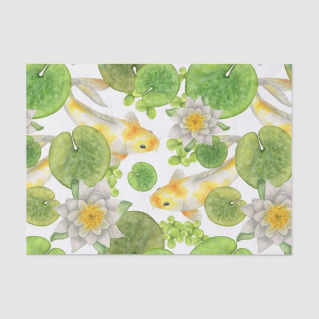 Yellow Koi Fish and White Water Lilies Pond Seidenpapier (Vorderseite)