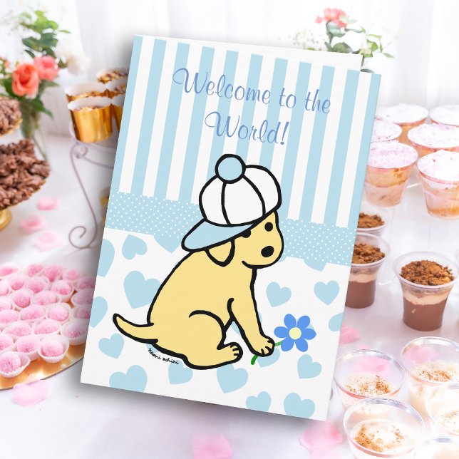 Yellow Labrador Blue New Baby Boy Glückwünsche Karte (Yellow Labrador Blue New Baby Congratulation Card for Labrador Owners.  Cute Dog Cartoon Design.)