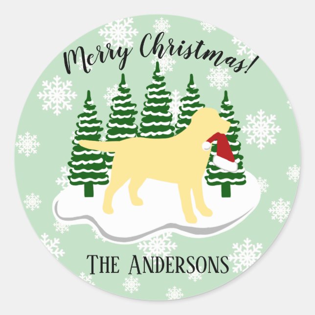 Yellow Labrador Christmas Evergreen Snowflakes Runder Aufkleber (Vorderseite)