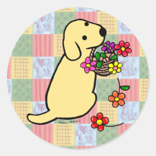 Yellow Labrador Puppy Blume Basket Cartoon Runder Aufkleber