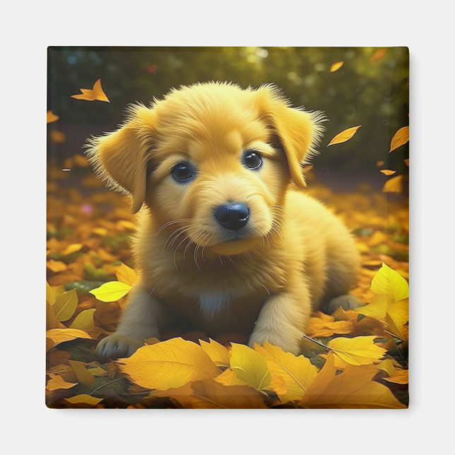 Yellow Labrador Puppy Playing in Herbstlauben Magnet (Vorne)