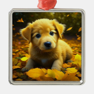 Yellow Labrador Puppy Playing in Herbstlauben Ornament Aus Metall