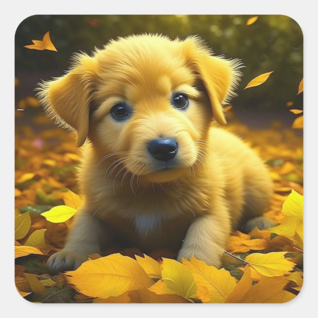 Yellow Labrador Puppy Playing in Herbstlauben Quadratischer Aufkleber (Vorderseite)