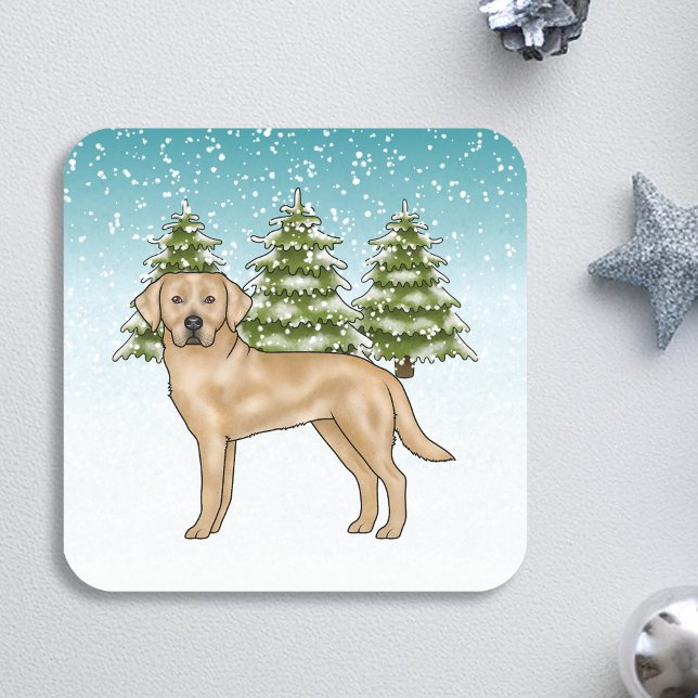 Yellow Labrador Retriever Blue Snowy Winterwald Quadratischer Aufkleber (Von Creator hochgeladen)