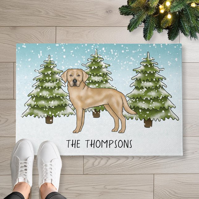 Yellow Labrador Retriever Blue Winter Family Name Fußmatte (Disclaimer: This image is a digital mockup.)