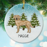 Yellow Labrador Retriever Blue Winter Individuelle Keramik Ornament<br><div class="desc">Desteis originelle Cartoon-Illustration eines niedlichen Labrador Retriever Zuchthundes. Der Hund ist in einer Winterlandschaft mit grünen Tannenbäumen und fallendem Schnee untergebracht. Der Hintergrund ist ein blaues bis weißes Gefälle,  das das Design des kalten Wintertages verleiht. Es gibt auch einen personalisierbaren Textbereich für einen Namen oder einen anderen benutzerdefinierten Text.</div>