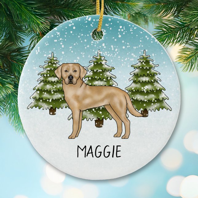 Yellow Labrador Retriever Blue Winter Individuelle Keramik Ornament (Von Creator hochgeladen)
