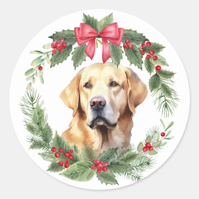 Yellow Labrador Retriever Dog Red Bow Holly Wreath Runder Aufkleber (Vorderseite)