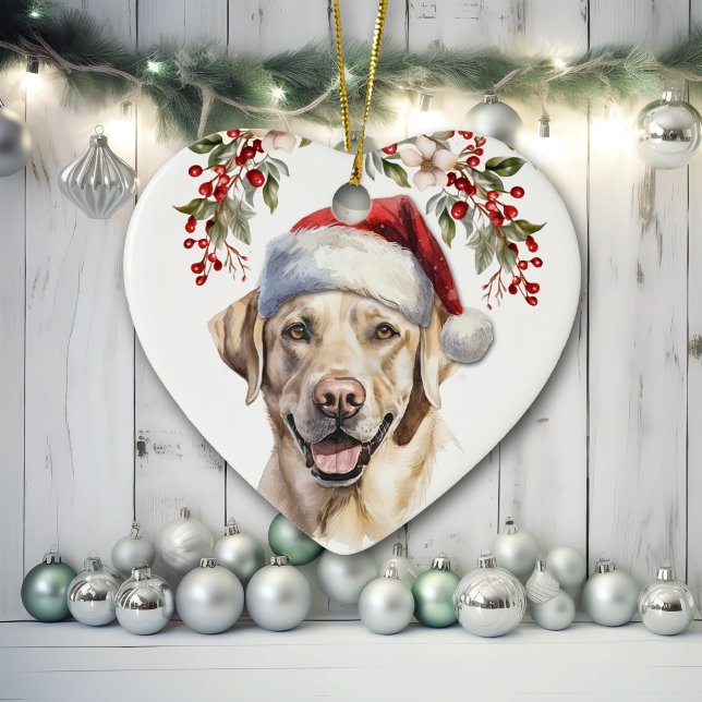 Yellow Labrador Retriever Hund Holly Wreath Keramik Ornament (Von Creator hochgeladen)