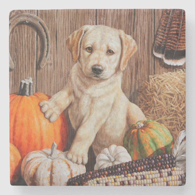 Yellow Labrador Retriever Puppy Doppy Pumpkin Herb Steinuntersetzer (Vorderseite)