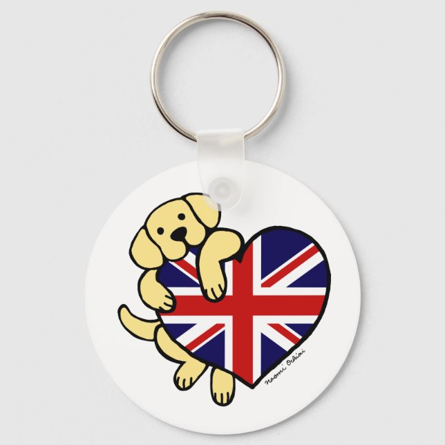 Yellow Labrador & UK Flag Herz 2 Cartoon Schlüsselanhänger (Vorderseite)