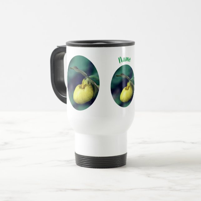 Yellow Lady Slipper Blume Personalisiert Reisebecher (Vorderseite Links)