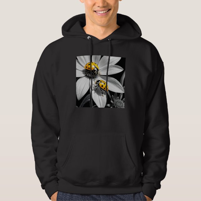 Yellow Ladybugs Käfer auf Schwarz-weißer Blume Hoodie (Vorderseite)