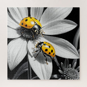 Yellow Ladybugs Käfer auf Schwarz-weißer Blume Puzzle