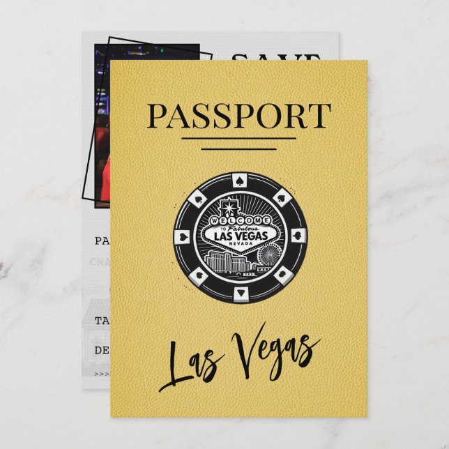 Yellow Las Vegas Passport Save the Date (Vorne/Hinten)