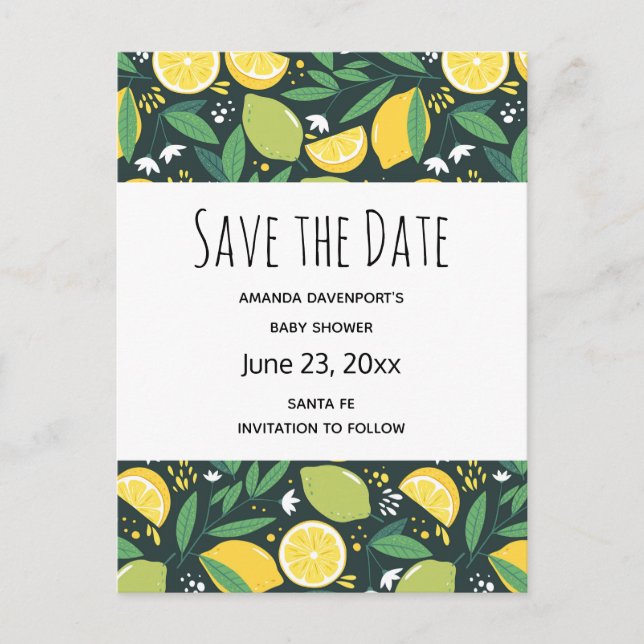Yellow Lemon and Lime Frucht Pattern Save the Date Einladungspostkarte (Vorderseite)