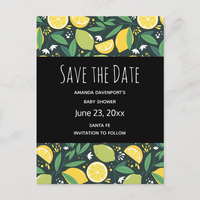 Yellow Lemon and Lime Frucht Pattern Save the Date Einladungspostkarte (Vorderseite)