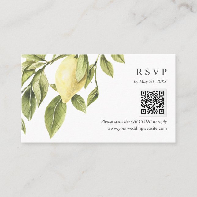 Yellow Lemon Blätter Wedding RSVP Online QR CODE Visitenkarte (Vorderseite)