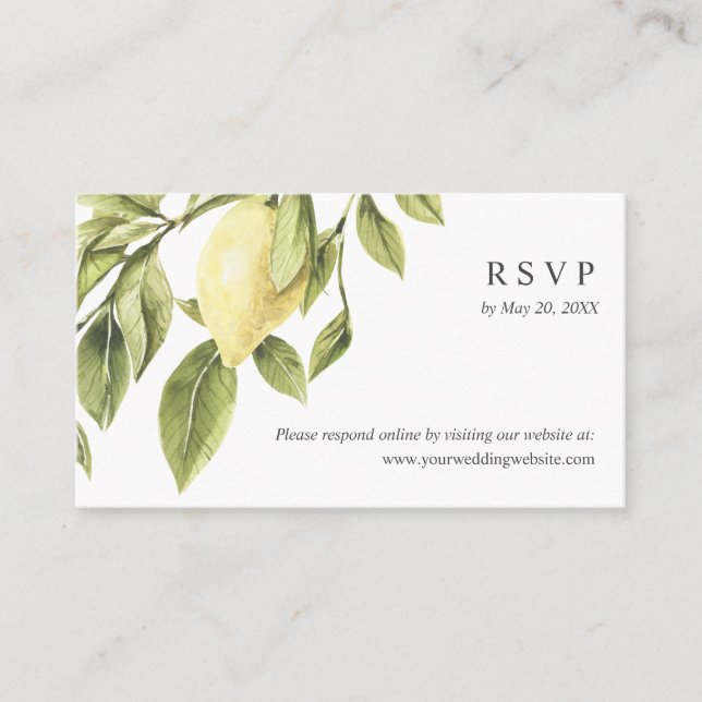 Yellow Lemon Blätter Wedding RSVP Online Website Visitenkarte (Vorderseite)