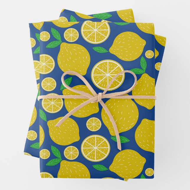 Yellow Lemon Citrus Muster auf Blue Geschenkpapier Set (Beispiel)