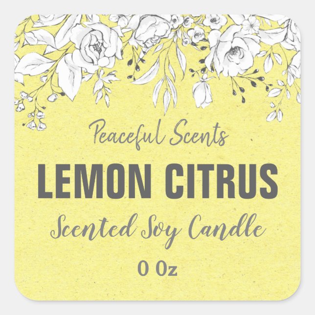 Yellow Lemon Citrus Soy Candle Produktkennzeichnun Quadratischer Aufkleber (Vorderseite)