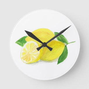 Yellow Lemon Frucht Wasserfarbe Sommerzitrus Runde Wanduhr