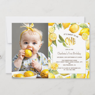 Yellow Lemon Fruit Citrus Erster Geburtstag Foto Einladung