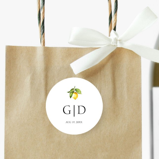 Yellow Lemon Monogramme zum Hochzeitsaufkleber Runder Aufkleber (Von Creator hochgeladen)