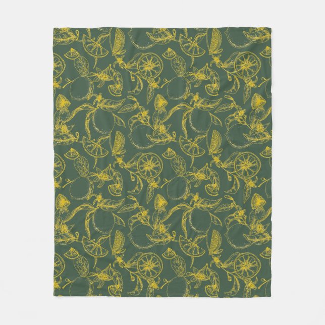 Yellow Lemon Sketch auf Dunkelgrün Fleecedecke (Vorderseite)