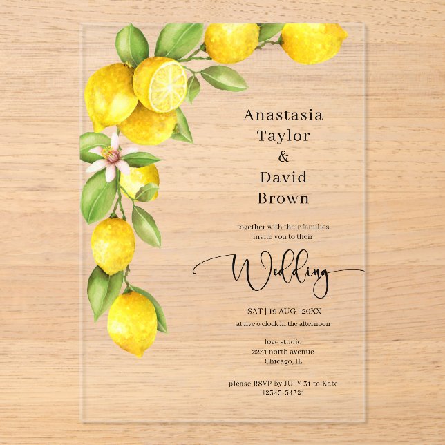 Yellow Lemon Wedding Acrylic Einladung (Vorderseite)