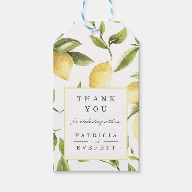 Yellow Lemons and Blätter Hochzeit danke Geschenkanhänger (Vorderseite)