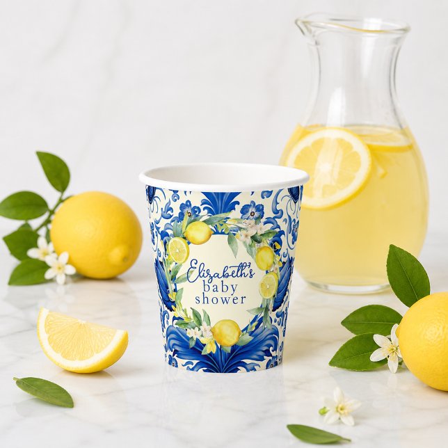 Yellow Lemons Blue Tile Lemon Babydusche Pappbecher (Yellow Lemons Blue Tile Lemon Baby Shower Paper Cups)