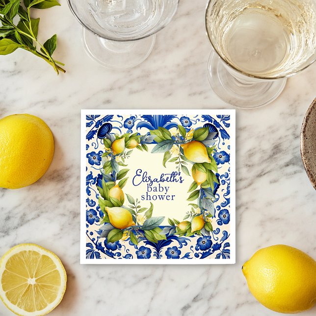 Yellow Lemons Blue Tile Lemon Babydusche Serviette (Yellow Lemons Blue Tile Lemon Baby Shower Napkins)