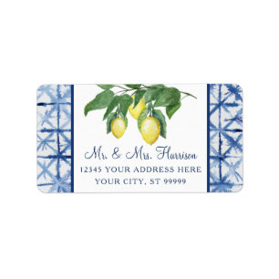 Yellow Lemons Citrus Foliage Blue White Wedding Adressaufkleber