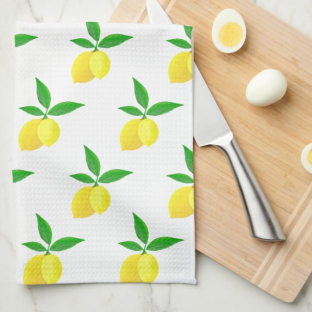 Yellow Lemons Green Leaves White Background Geschirrtuch (Lemony kitchen towels,)