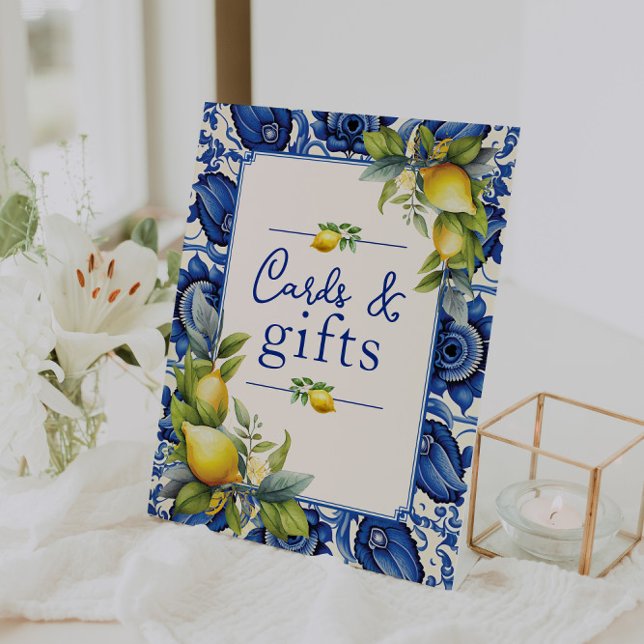 Yellow Lemons Karten und Geschenke aus blauem Tile Sockelschild (Blue Tile Yellow Lemons Cards and Gifts Pedestal Sign)