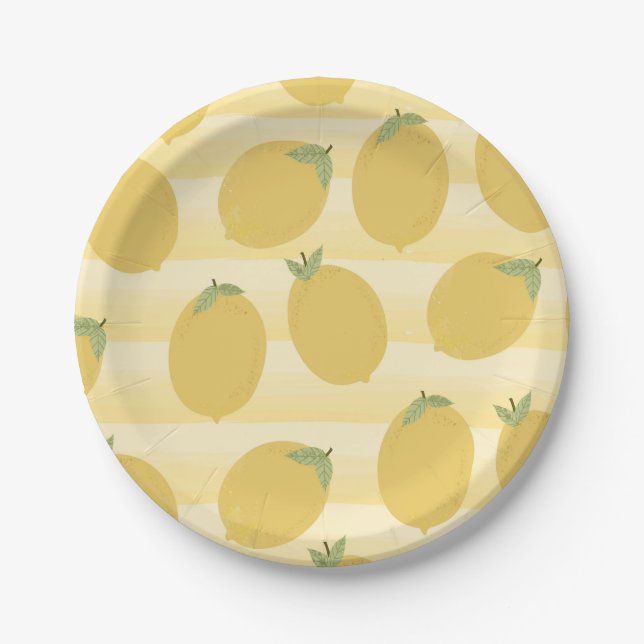 Yellow Lemons Summer Fruit Watercolor Stripe Party Pappteller (Vorderseite)