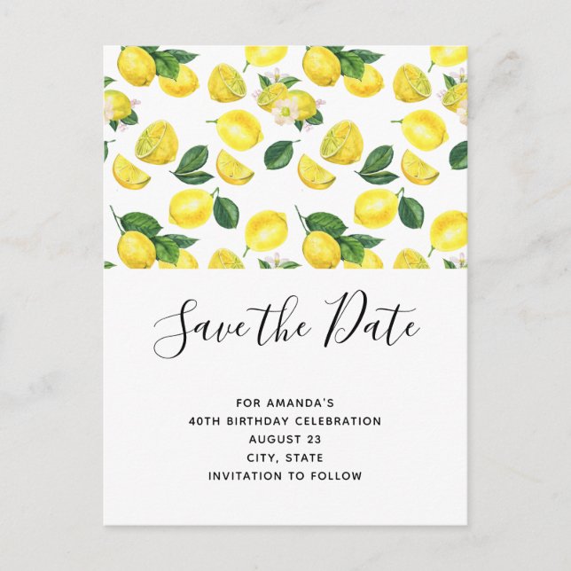 Yellow Lemons Wasserfarbmuster Save the Date Einladungspostkarte (Vorderseite)